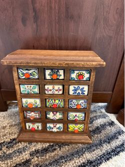 Vintage Boho Solid Wood Apothecary Cabinet with a rare 15 ceramic boxes