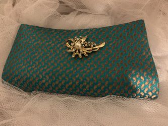 Lady's hand Purse Teal And Gold Color
