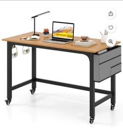 Rolling Computer Desk Metal Frame PC Laptop Table Wood Top Study Workstation