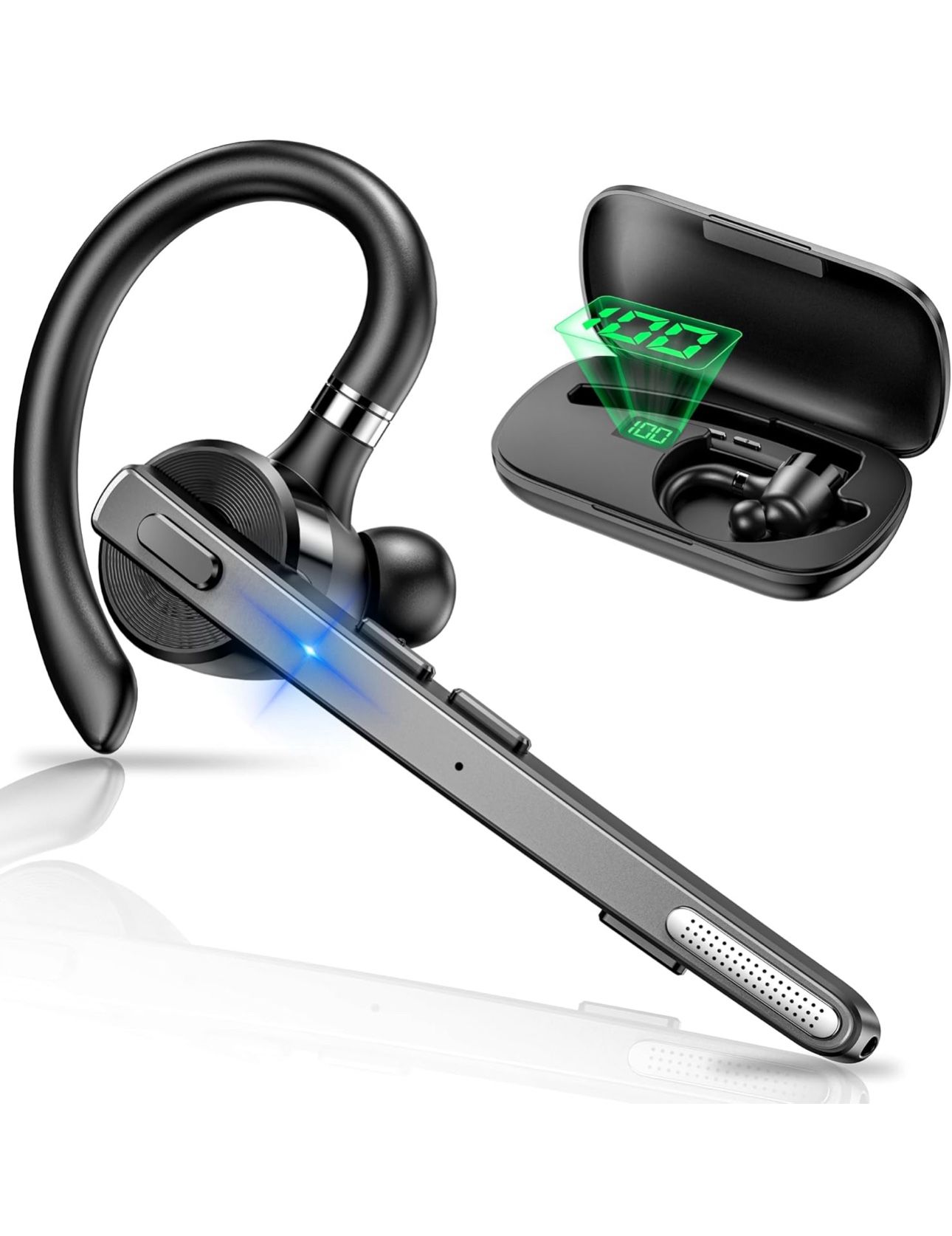 Bluetooth Headset, Wireless Bluetooth Earpiece with 500mAh Charging Case 72H Talktime ENC Noise Cancelling Microphone for Cell Phone Call V5.1 Hands-F