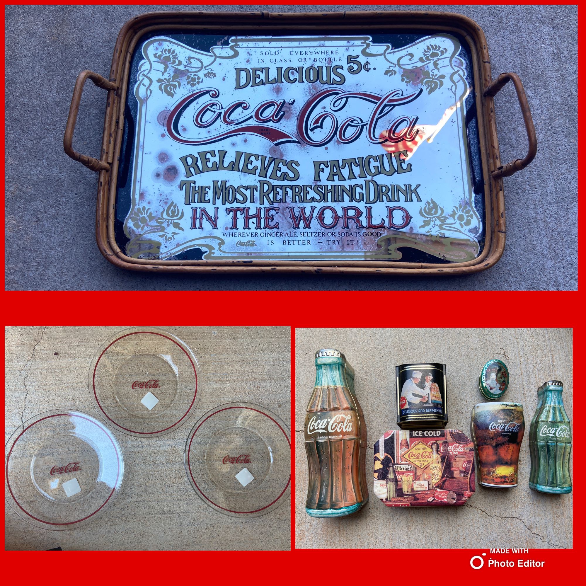 VTG Coca-Cola Lot—Mirrored Serving Tray, NEW Plates, Tins