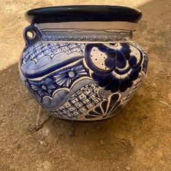 10” Blue & White Talavera-Style Ceramic Pot – Hand-Painted