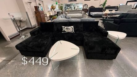 Fluffy black sectional sofa double chaise