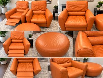 Orange Leather Armchair and Recliner Set with Ottoman