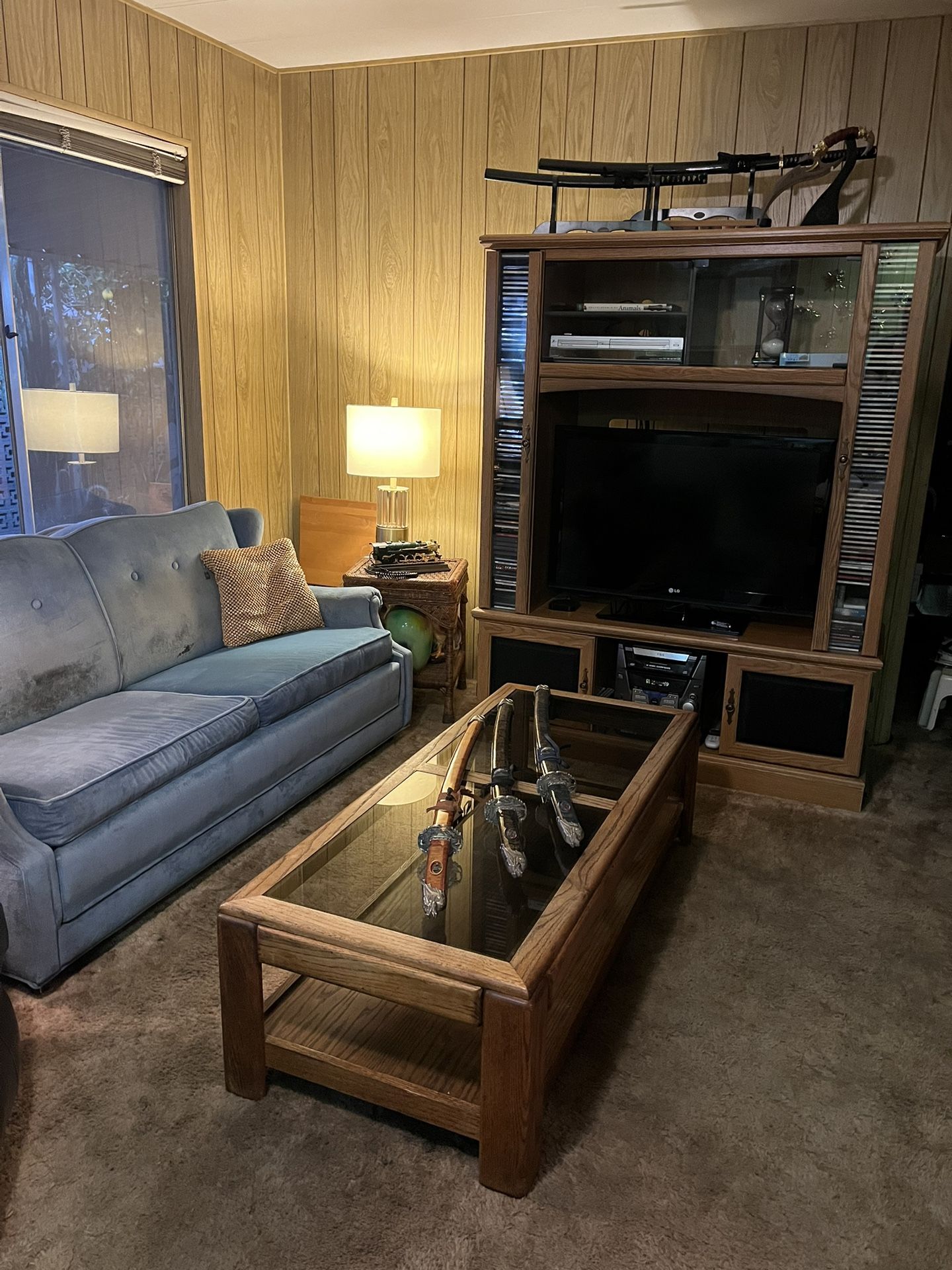 Vintage Smoky Glass And Medium Oak Coffee Table.