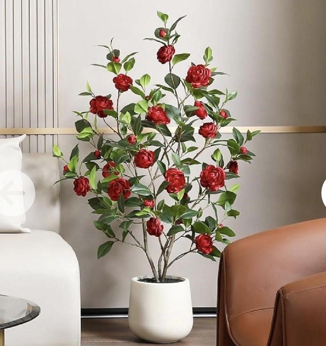 47 inch Artificial Camellia Tree with White Flower Pot - Red Rose Tree,4 Ft Faux Plants Indoor wich Blooming,Artificial Plants for Indoor & Outdoor