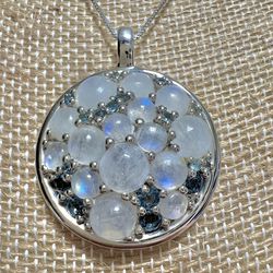 Sterling Silver Moonstone & Blue Topaz Cluster Dome Pendant Necklace