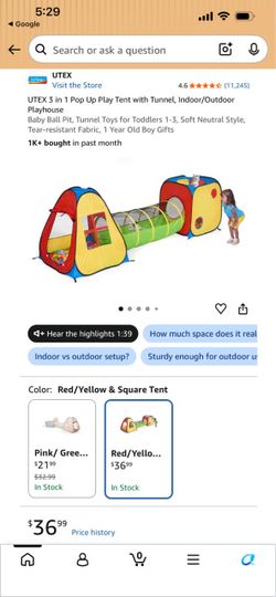Utex 3-in-1 Pop Up Play Tent House Set (New like condition)
