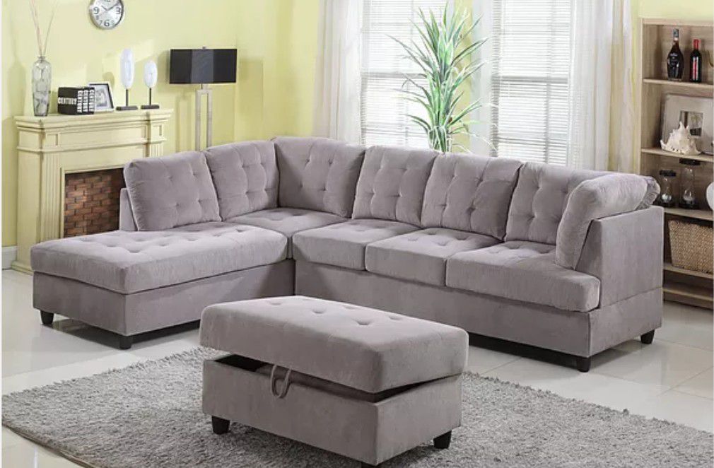 New Grey Sectional with Storage Ottoman