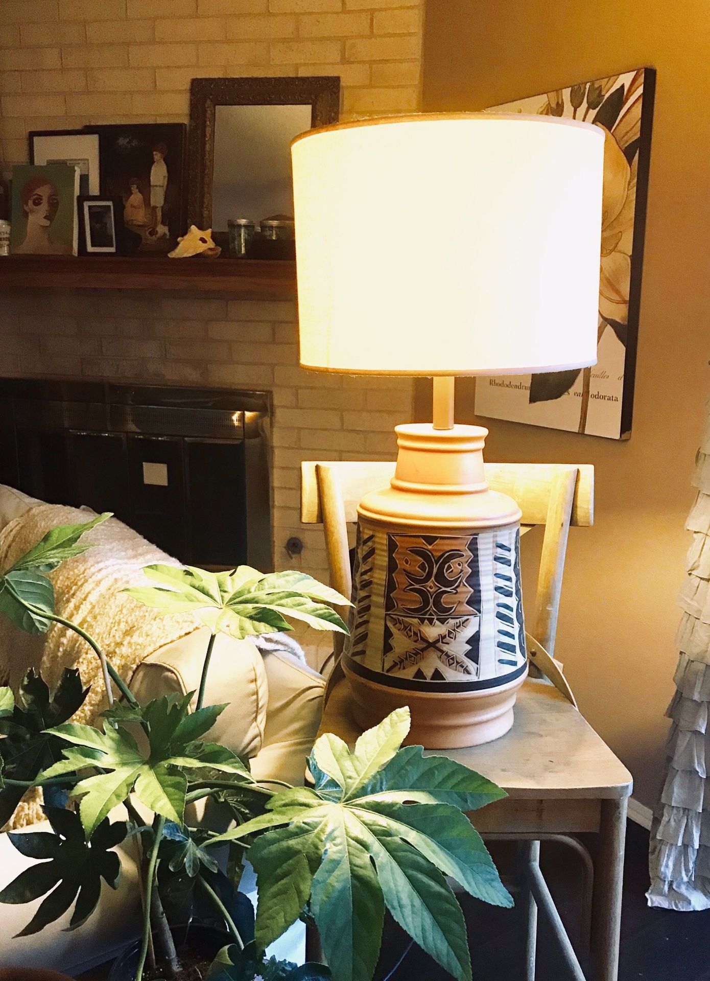 Vintage Native American Style Large Handmade Painted Terra-cotta Table Lamp