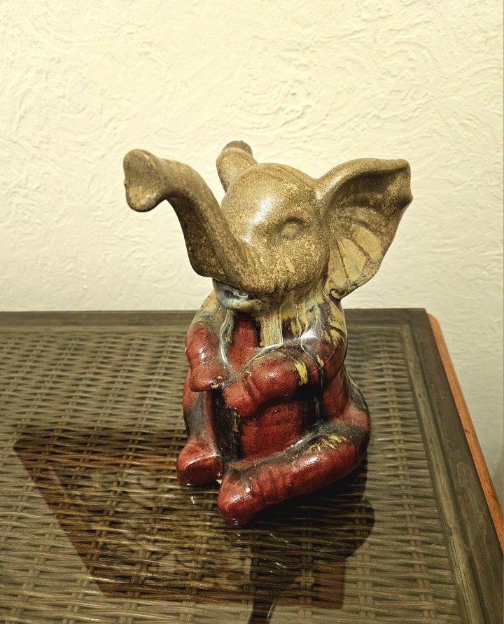 Good Luck Ceramic Elephant With A Maroon Red And Tan Drip Glaze