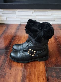Jimmy Choo Biker Mid Black Leather Boots Gold Buckle Made in Italy EU 38.5