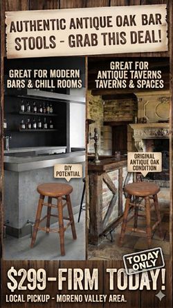 AUTHENTIC Turn-of-the-Century Solid Oak Bar Stools – Matching Pair! 🏛️✨