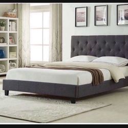 Brand New In Box Queen Size Dark Grey Linen Upholstered Bed With Mattress. Assembly Required, We Can Deliver, Cama Con Colchon.