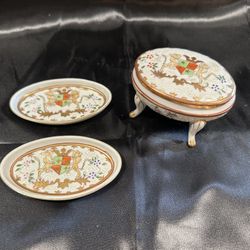 Vintage Japan Hand Painted Vanity Trinket Box And Trays
