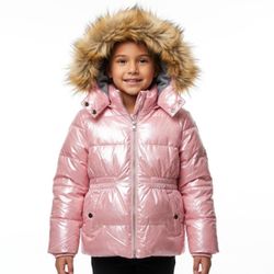 CREATMO US Y2K Metallic Pink Puffer Jacket Faux Fur Hood Fleece Lined Size 6/7