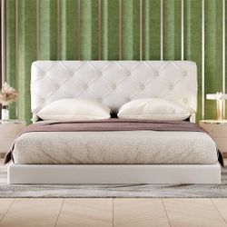 Queen Size White Tufted Upholstered Platform Bed, PU Leather
