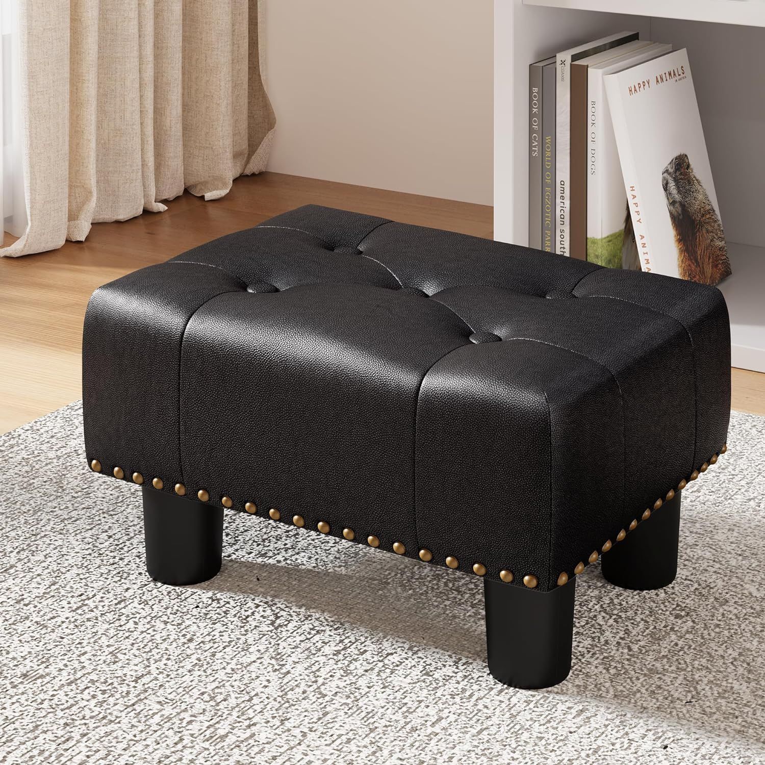 Small Tufted, Footstool, Black Faux Leather With Gold Rivets Rectangle In Shape, Approximately 9 Inches High (See Measurements In Description)