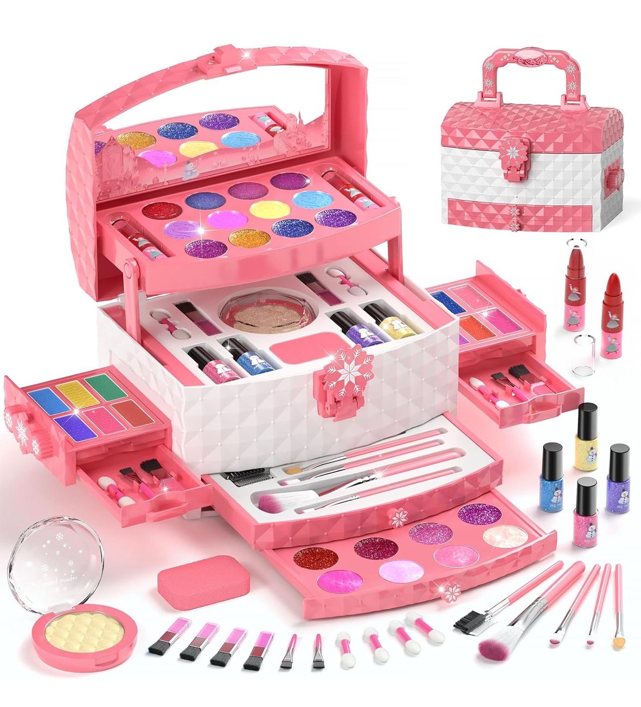 PERRYHOME Kids Makeup Set for Girl 56 Pcs Washable Real Cosmetic, Non-Toxic Frozen Toys Toddler Makeup Kit, Frozen Princess Dress up Kit Christmas & B