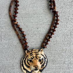 Vintage Carol Halmy Porcelain Tiger Pendant Necklace – Handcrafted, Signed – Wood Bead Double Strand
