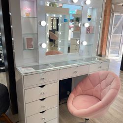 Large Luxury Make Up Vanity W Shelves & Power Outlet- Showroom Model