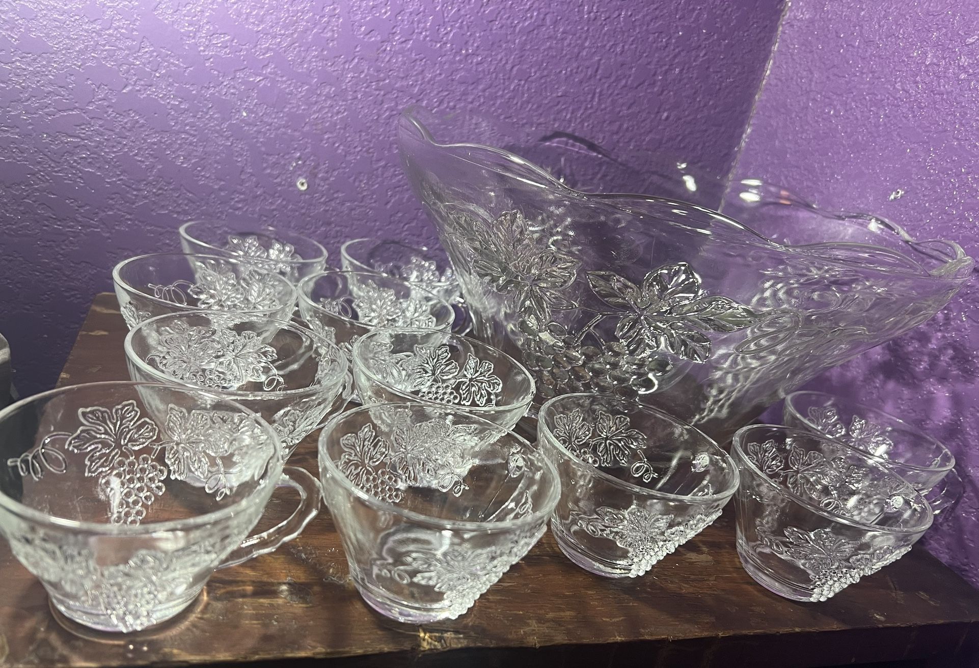 Vintage Mid Century Modern Glass Punch Bowl Grape Vine Stand Cups Set Party Gift