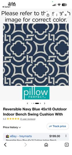 2 Pillow Perfect Reversible Navy Blue Bench Cushion 45x18