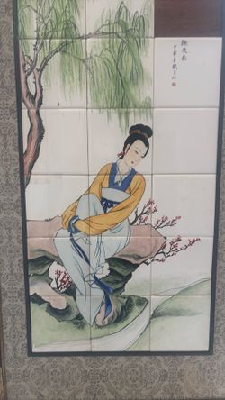 Vintage Asian ceramic tile painting early 1900s