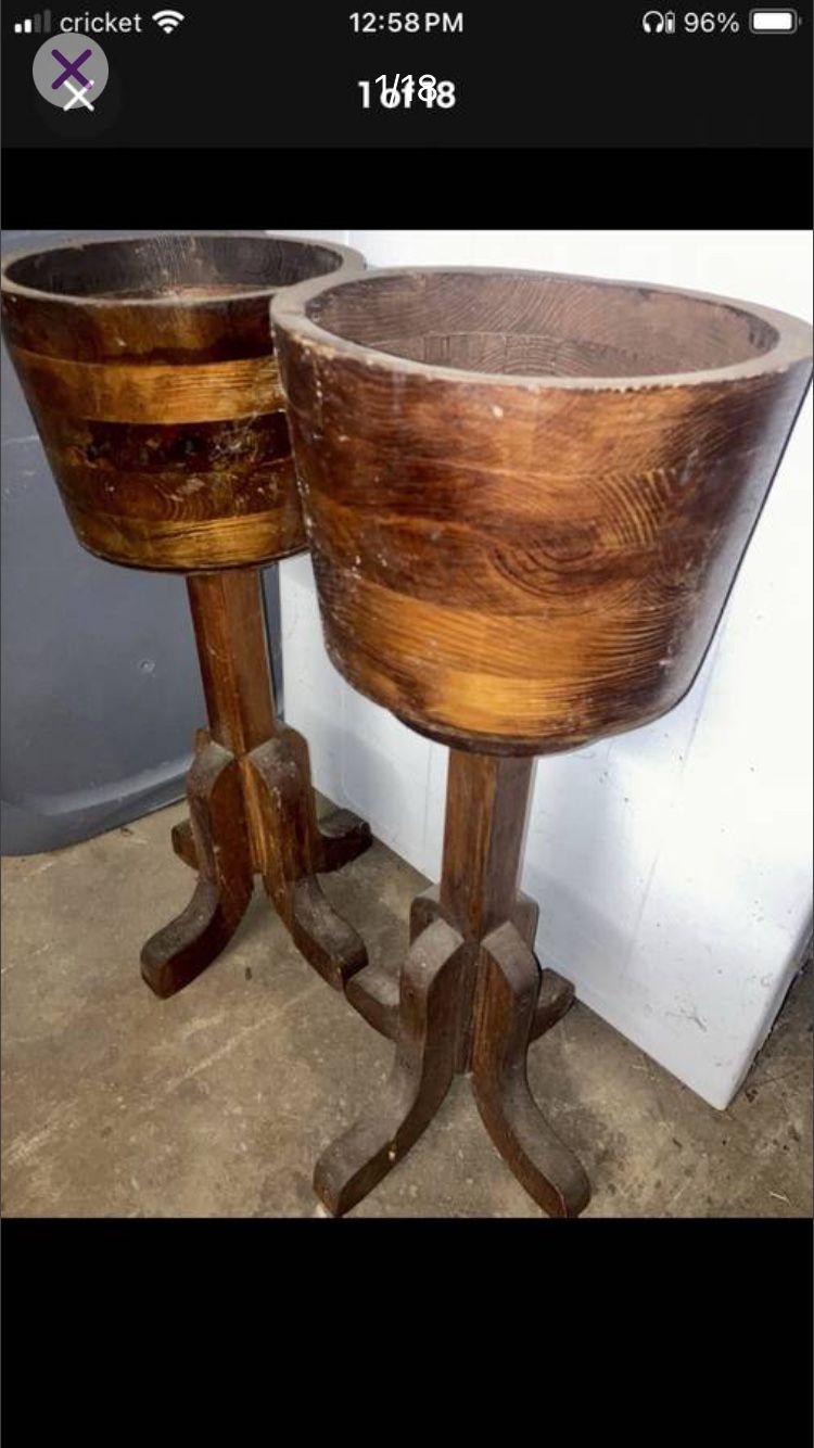 Vintage Wood Stand Plant Pot Pair Set Of 2 Antique