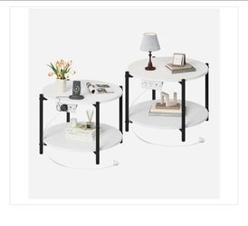 Set of 2 Round End Tables w/ Charging Station - 23.6" White - 2 Tier