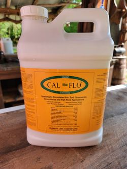 Cal flow liquid lime treatment for ponds Keeps them clean and bass  Fishing better with healthier fish