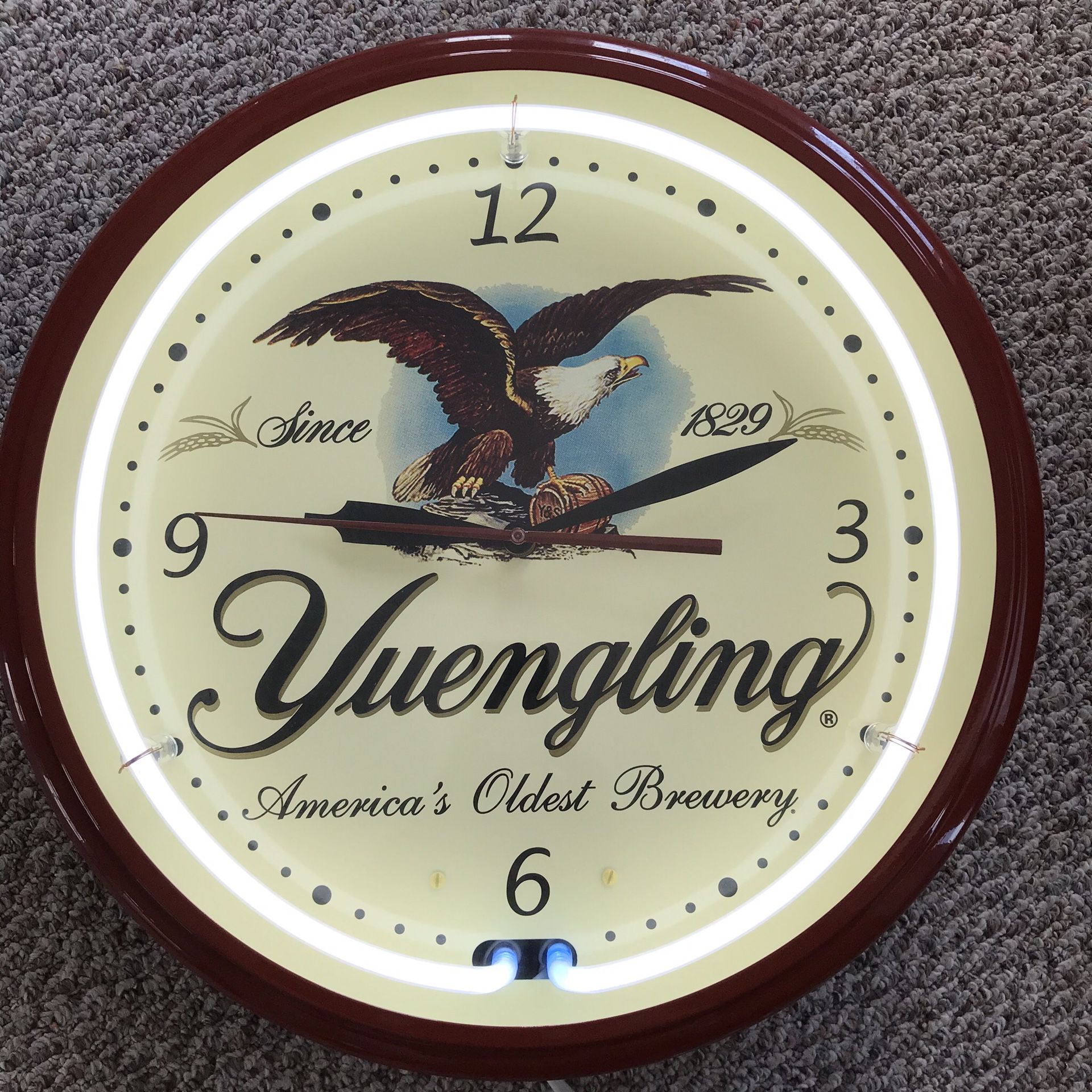 RARE Collectible Large Yuengling Neon Light Clock. 20" W x 6" D Metal and Glass Electric Clock