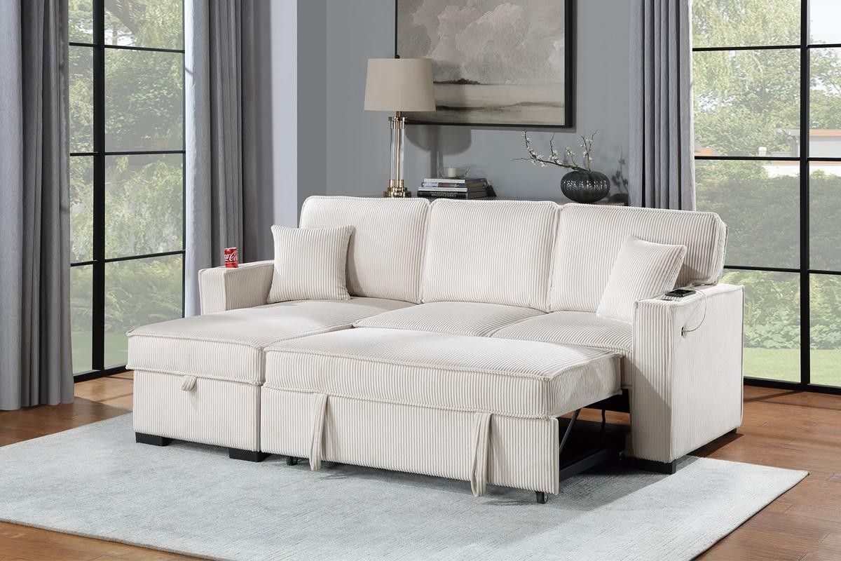 ✅️✅️2 pc beige corduroy fabric sectional sofa with reversible storage chaise and pop up sleep area✅️