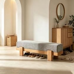 Wooden Upholstered Bench, Low Profile Entryway Bench with Thick Beige Linen Cushion, Solid Wood Legs, Multi-use Shoe Bench for Hallway, Bedroom End of