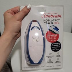 Sunbeam Hot-2-Trot Travel Steam Iron, 800 Watt Dual Voltage 120/240, Compact Size, Portable, Non-Stick Soleplate, Soft Touch Handle, Horizontal or Ver