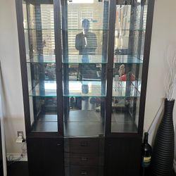  4 Tier Display Storage Cabinet With Mirror, Drawers & Tempered Glass And Drawers Dark Brown Organization 
