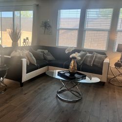 Leather And Fabric Sofa White And Black W/ Side Tables And Coffee Table 