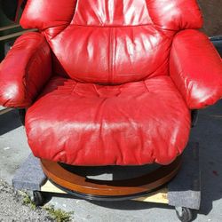 1 Red Leather Rocker Chair 1 Loveless With Pillows And One Leather Sofa With Pillows