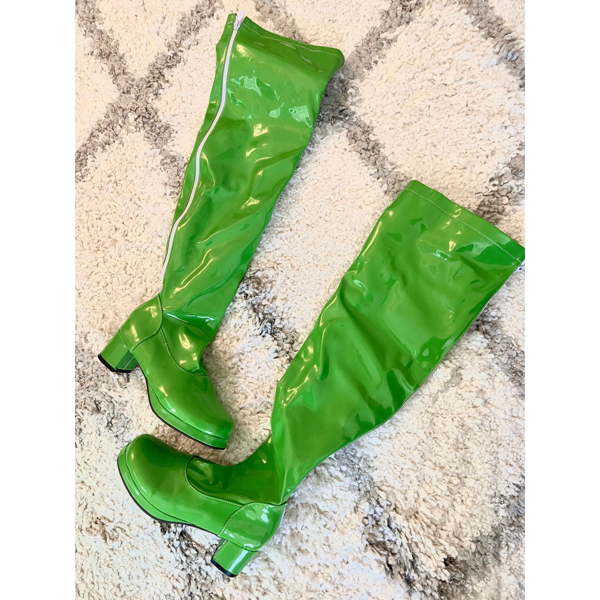 37)Kelly Green Thigh High Enamel Leather Winter Fall Low heel Shiny Zipper Boots