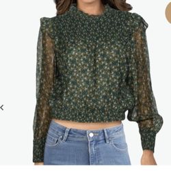 Free People Roma Smocked Blouse Top Chiffon Floral Green M