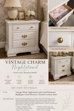 White Nightstand | Side Table with Gold Hardware Wallpaper Lined Drawers