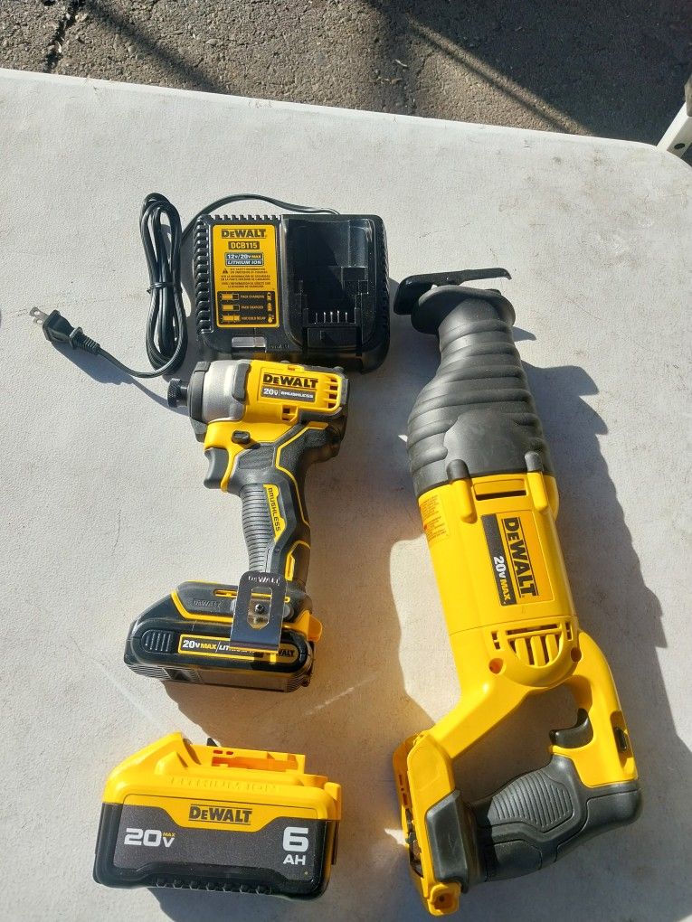 DEWALT SAWZALL AND IMPACT DRIVER 20V LITHIUM BRUSHLESS WITH BATTERYS AND CHARGER