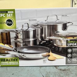 Brand New GreenPan Chatham Tri-Ply Stainless Steel Healthy Ceramic Nonstick 12-piece Cookware Set