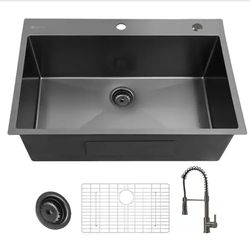 Glacier Bay
33 in. Drop-In Single Bowl 18 Gauge Gunmetal Black Stainless Steel Kitchen Sink with Black Spring Neck Faucet