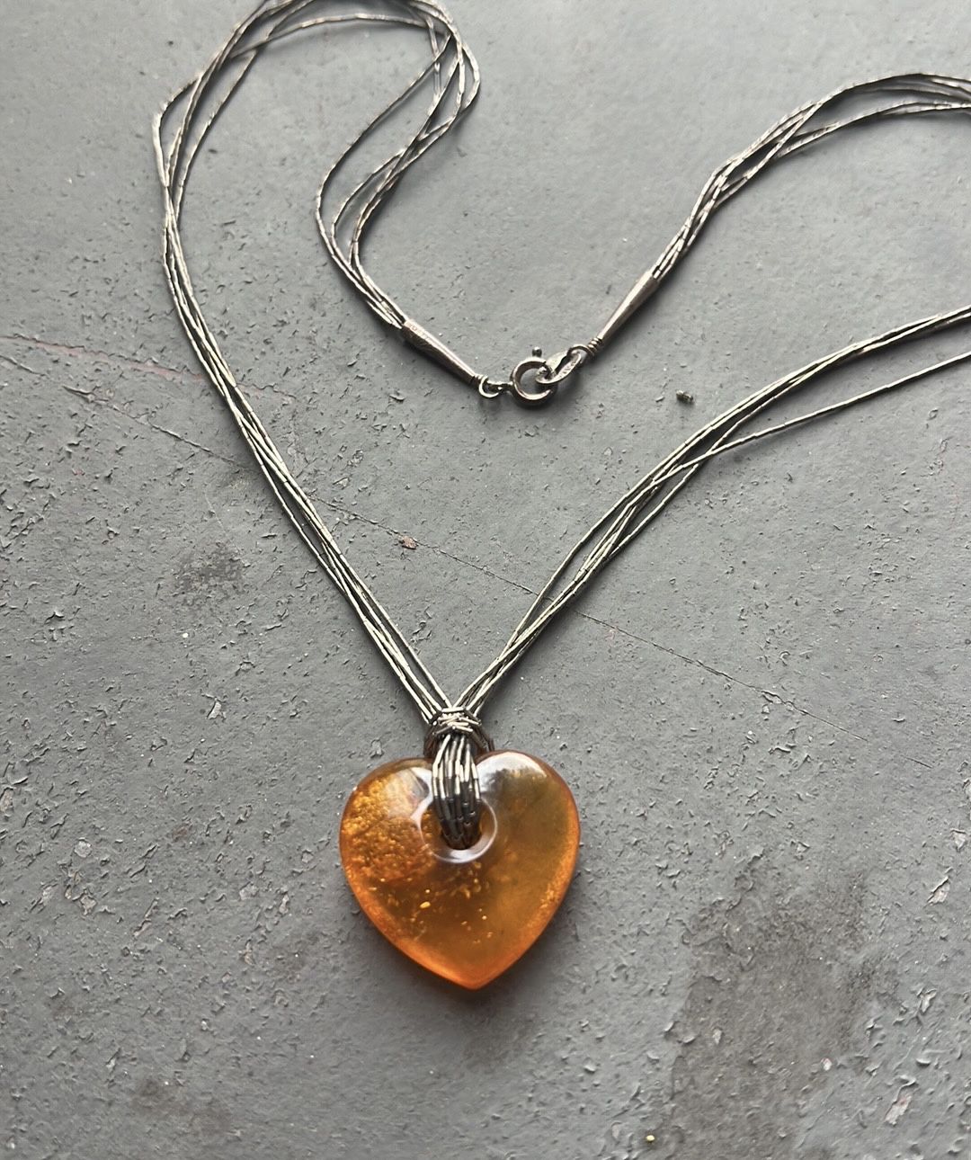 Sterling silver vintage amber heart necklace