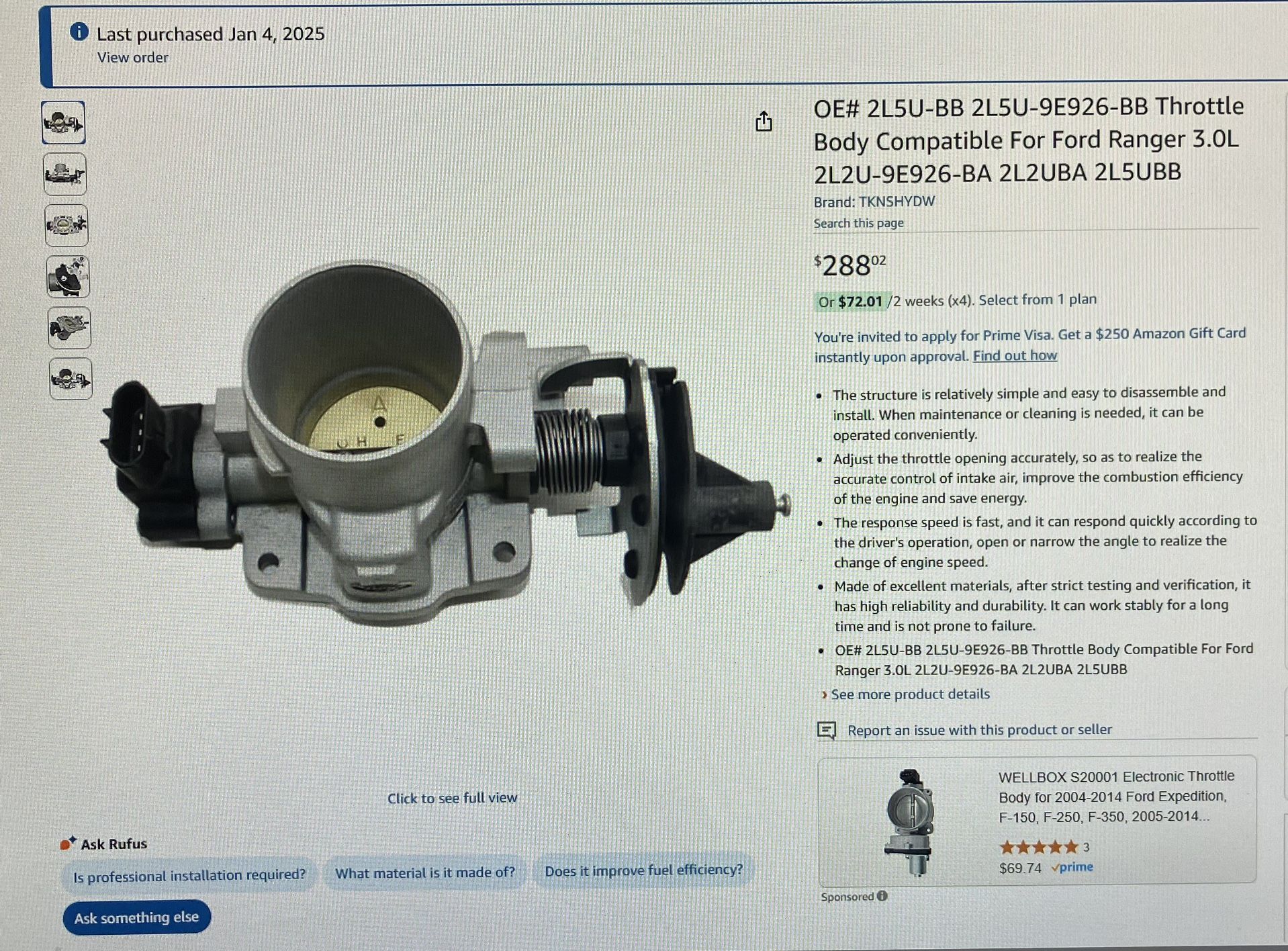 2001-2003 6 Cyl 3.0L Ford Ranger Throttle Body