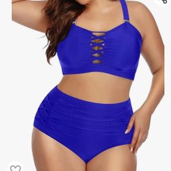 In'Voland Royal Blue 2 Piece Pretty Swimsuit High Rise Bikini Set Size 22W Plus Size