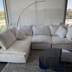 Custom-Built White Modular Sectional Sofa Down-Filled, Reversible Layout, Woven performance fabric