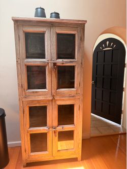 Vintage Rustic Wood Hutch / Glass Display Cabinet