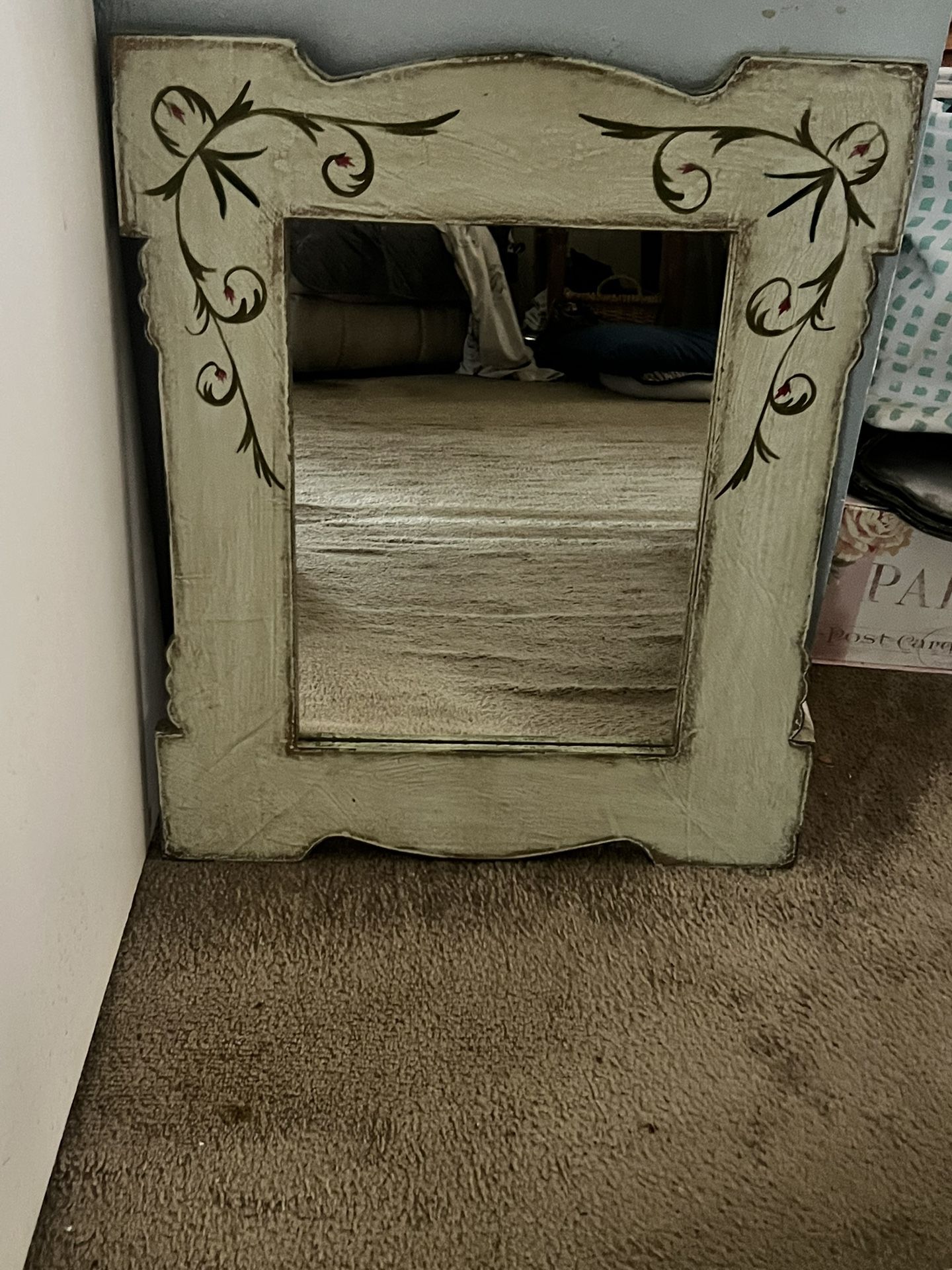 Vintage Hand Painted Celadon Mirror